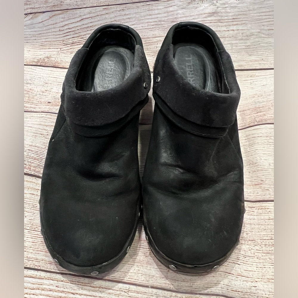 Merrell Used Women Luxe Wrap Clogs Black Nubuck Leather Studded Boots Size 7